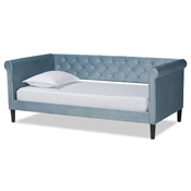 Baxton Studio Cora Modern and Contemporary Light Blue Velvet Fabric Upholstered and Dark Brown Finished Wood Full Size Daybed Baxton Studio restaurant furniture, hotel furniture, commercial furniture, wholesale bedroom furniture, wholesale full, classic full